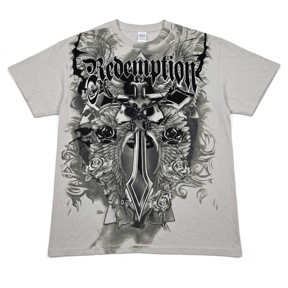 Redemption Graphic T-Shirt Mens‎ XL Grey Y2K Cross Wings Roses MMA Biker Grunge